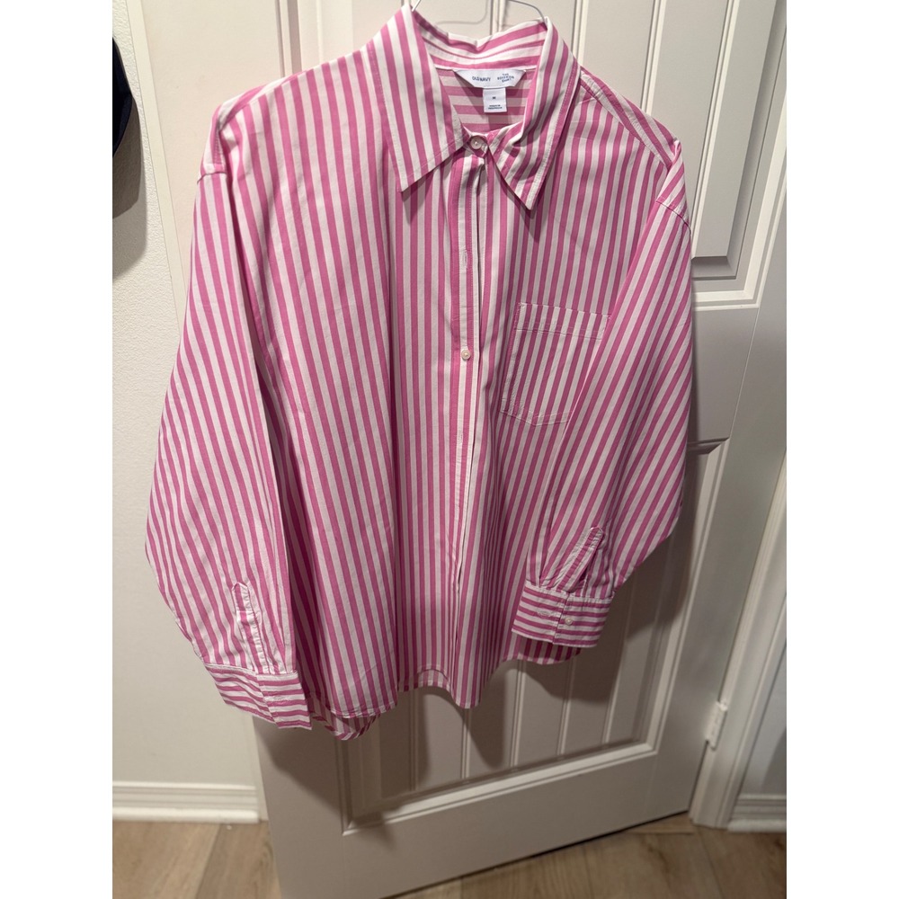 Old Navy The Boyfriend Shirt Pink White Striped Button Down Cotton Top Medium